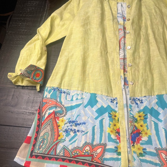 John Mark Tunic Dress Large Linen Blend Long Roll Tab Sleeve Graphic Back M - Picture 4 of 11